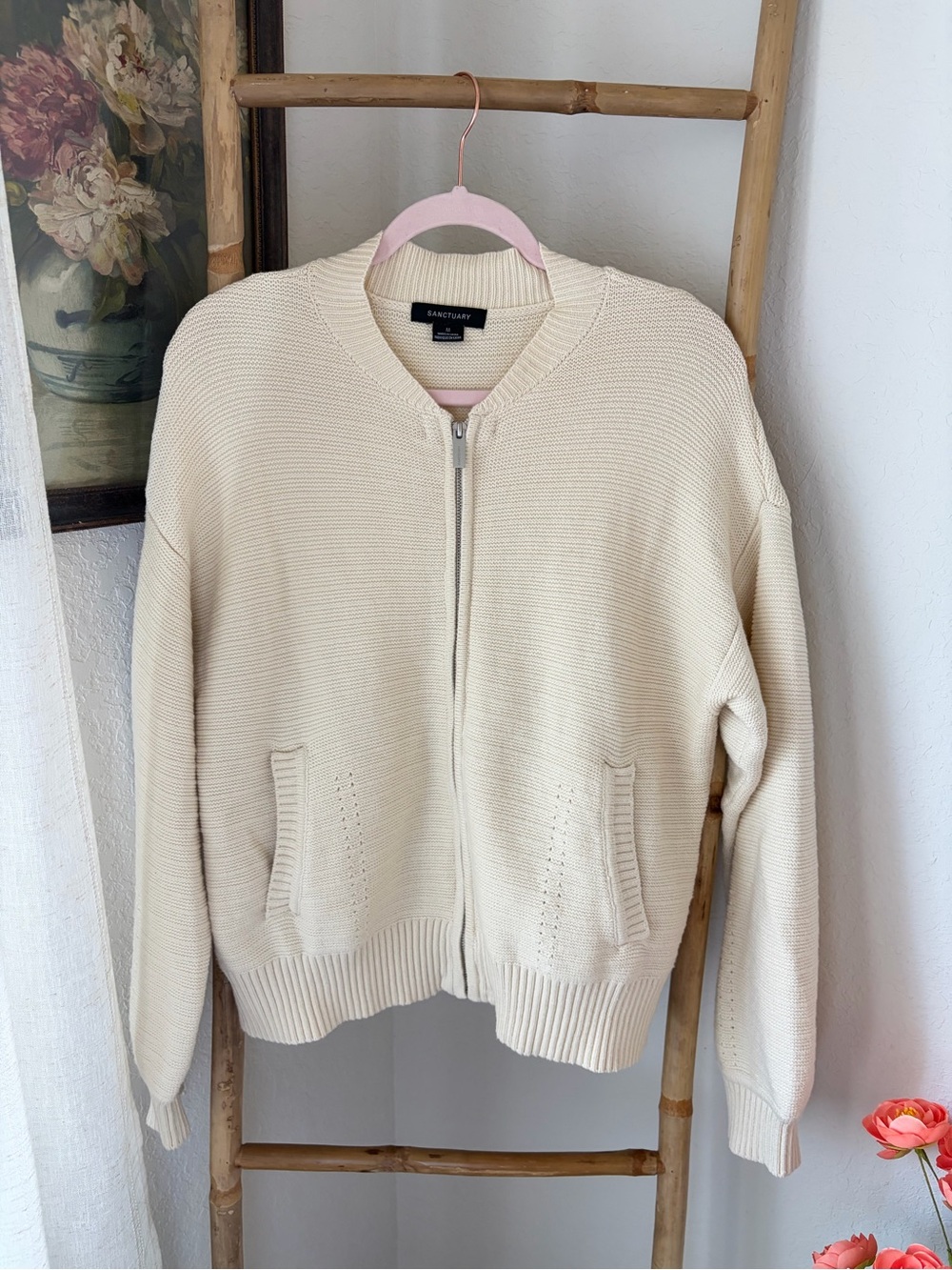 Sanctuary Cream Knit Zip-Up Cardigan Sz Medium